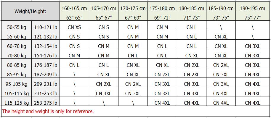 Size chart showing height and weight ranges for jacket measurements