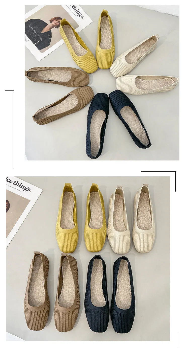 Women’s flat slip-on knit loafers in multiple colors, square toe set of pairs