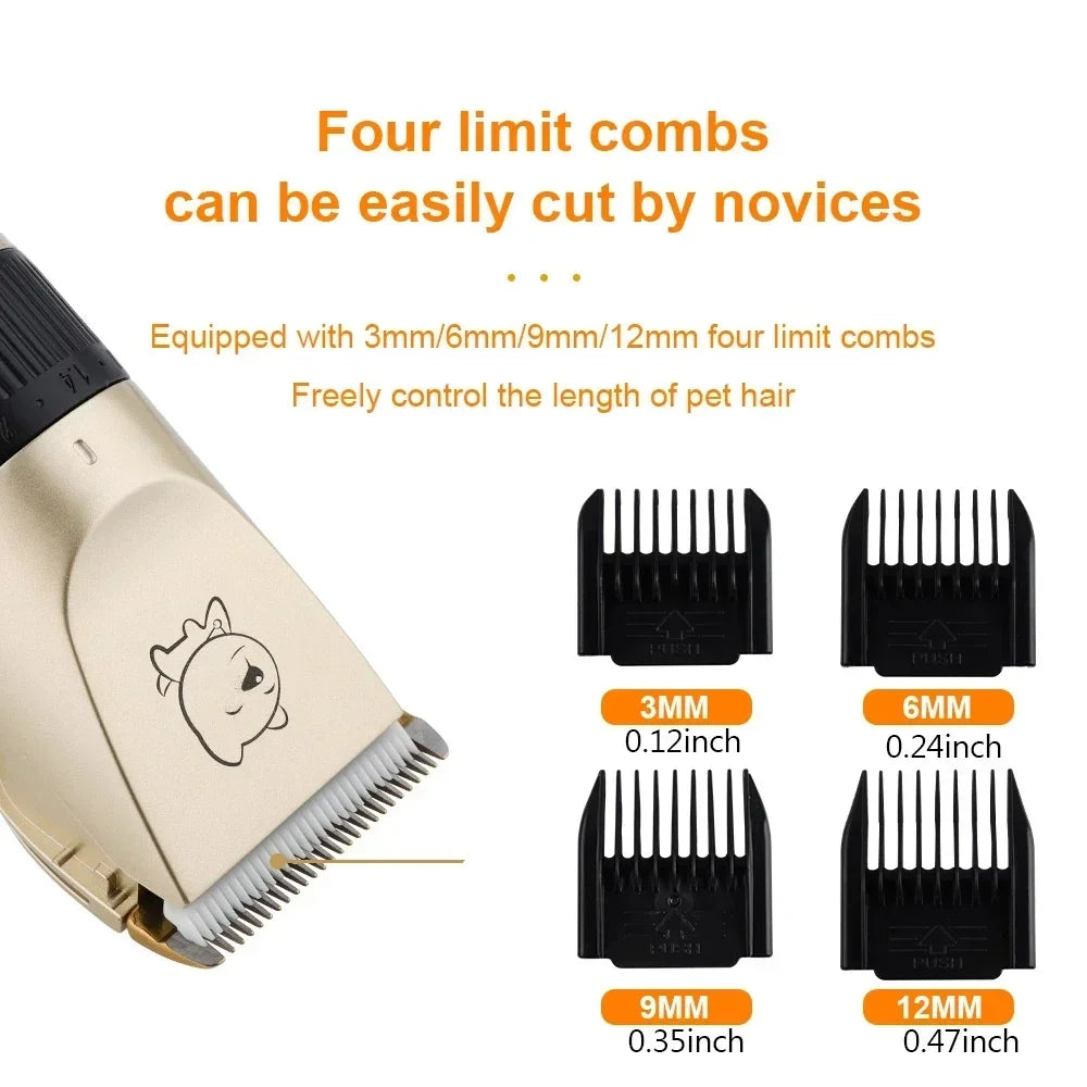Gold pet hair clipper with blade and two detachable comb guards, 3mm and 6mm