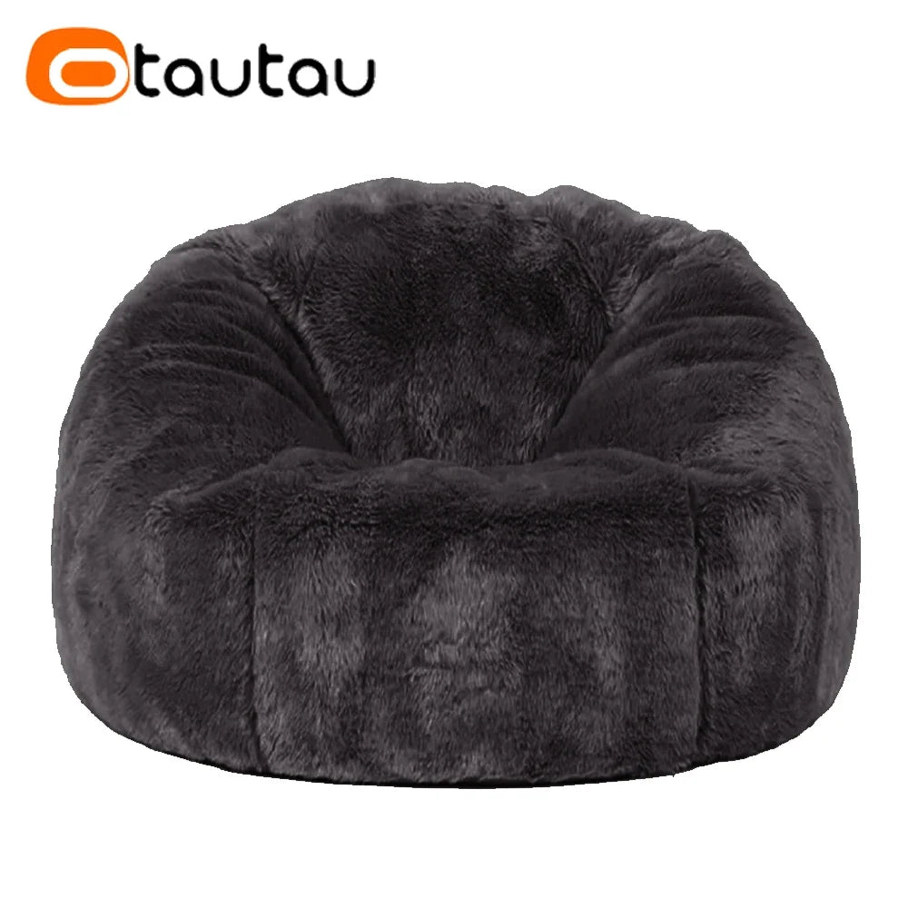 Fluffy faux fur bean bag pouf cover, dark gray round cushion with plush pile