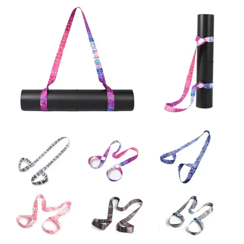 Yoga mat strap with assorted patterned loop styles and colors (set shown)