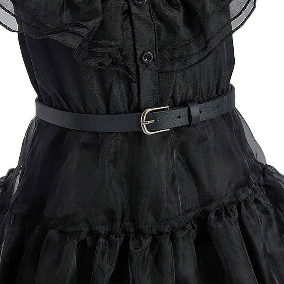 Black kids dress with wide waist belt and gathered tulle ruffle detailing