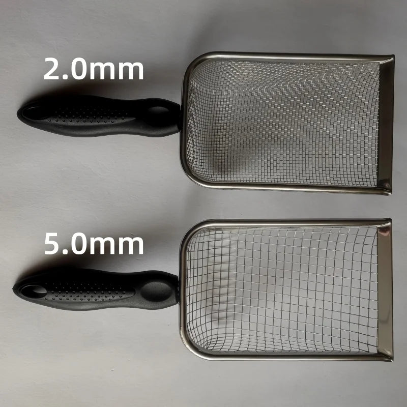 Stainless steel sifting scoops with 2.0mm and 5.0mm mesh, black handles