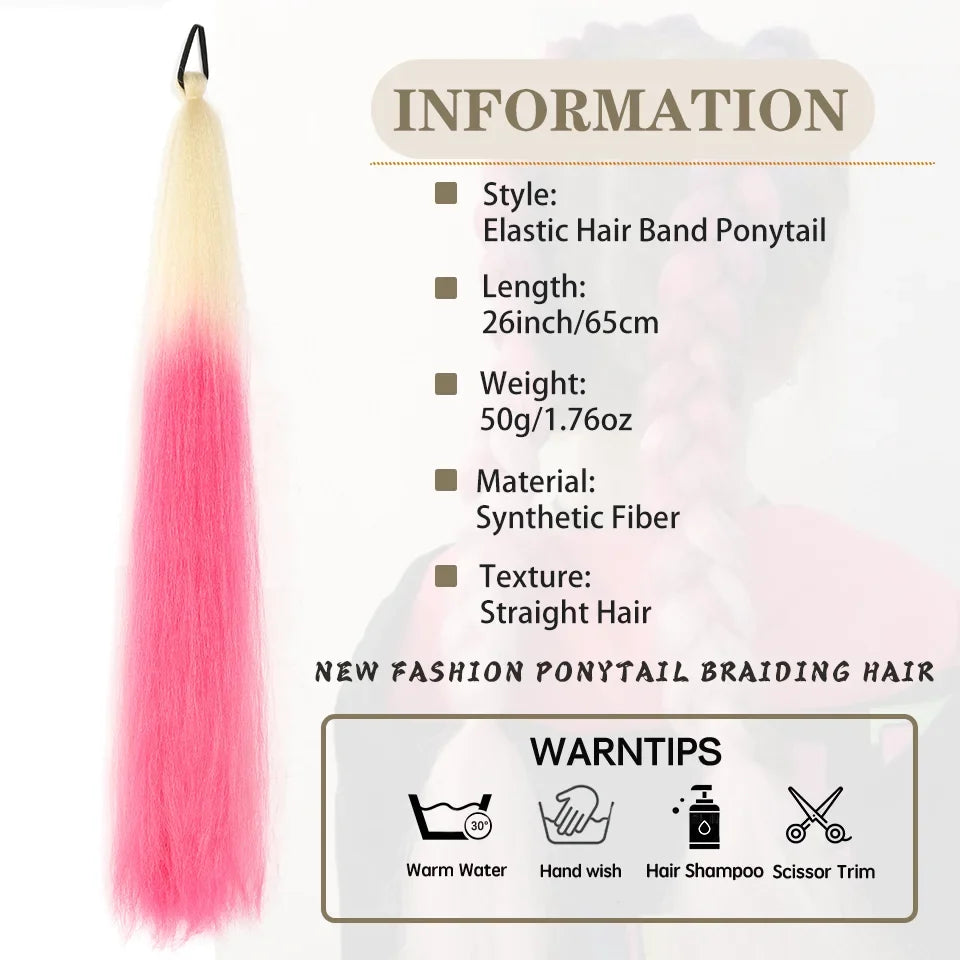 Synthetic ombre elastic hair tie ponytail extension, long straight strands, pink-to-blonde