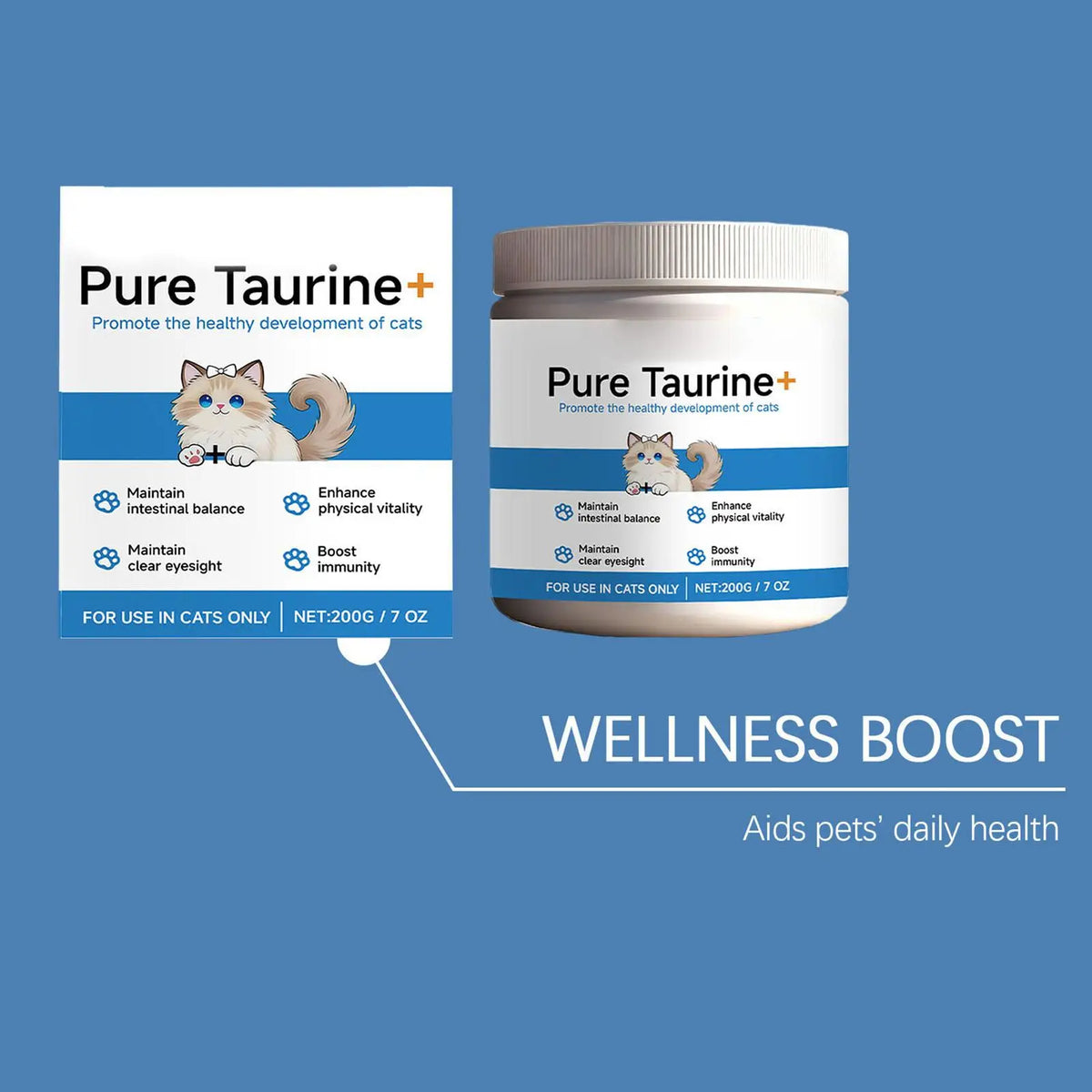 Wellness boost cat taurine supplement jar with matching product box.