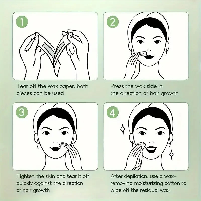 Cold wax strip instructions: tear paper, press with hair growth direction, wipe.