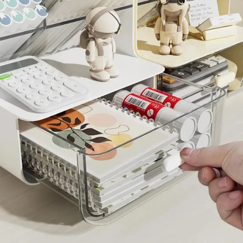 Clear drawer and tray on a white desk pen organizer with pen and accessory slots