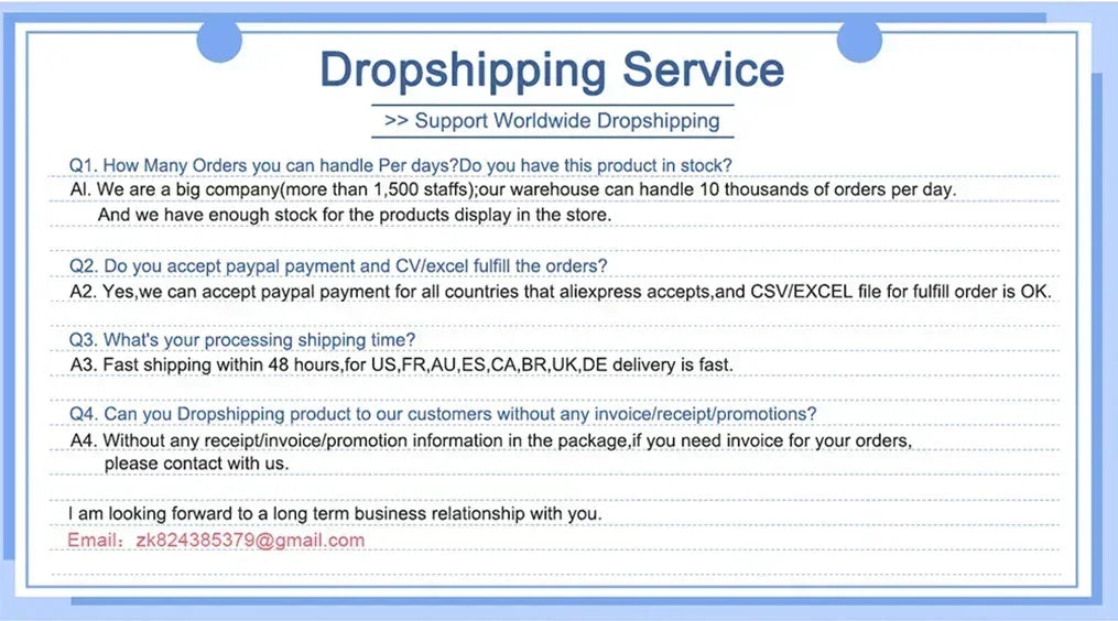 Shipping service information card with support questions and contact details