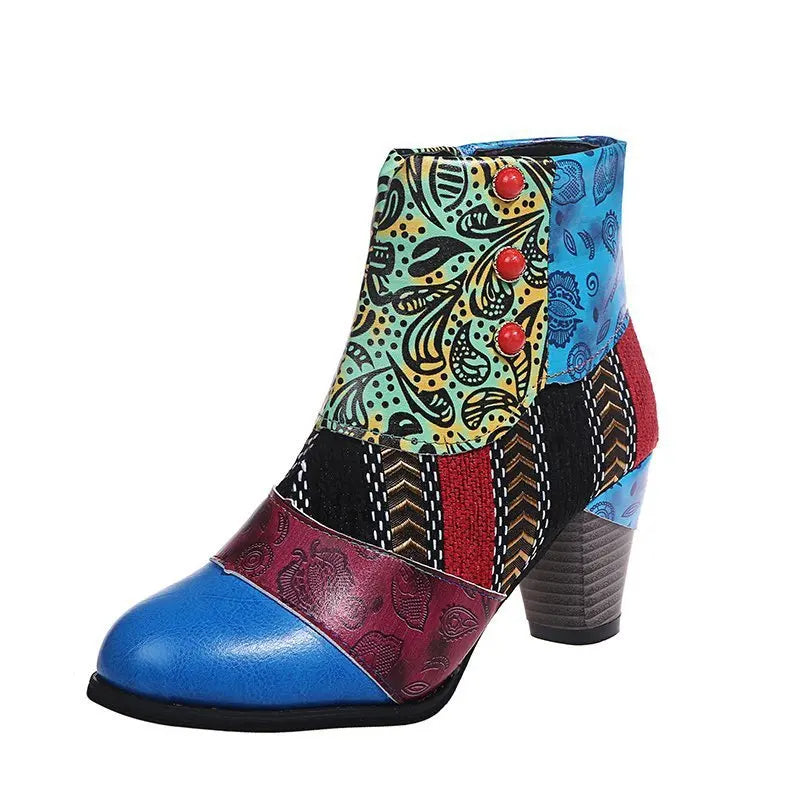 Women’s ankle boots with blue and green abstract print and chunky stacked heel