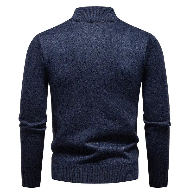 Men's knit pullover sweater, navy blue, stand collar, long sleeves (back view)