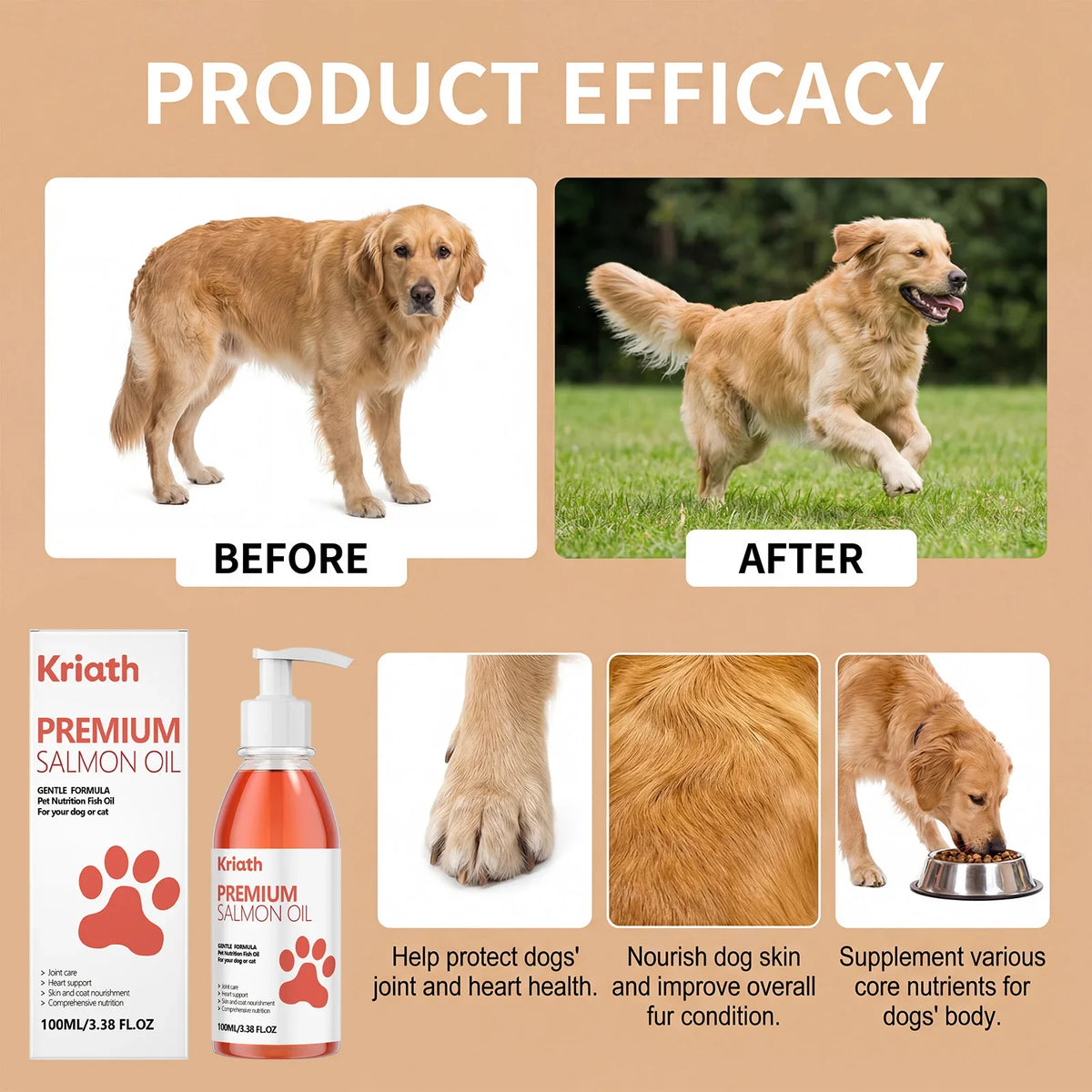 Pet salmon oil supplement box and pump bottle, shown on a promotional layout