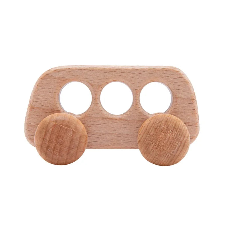 Wooden dinosaur teether car with three oval holes and wooden wheel ends