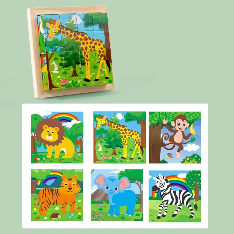 Wooden animal puzzle blocks set with a giraffe block and six jungle animal tile cards