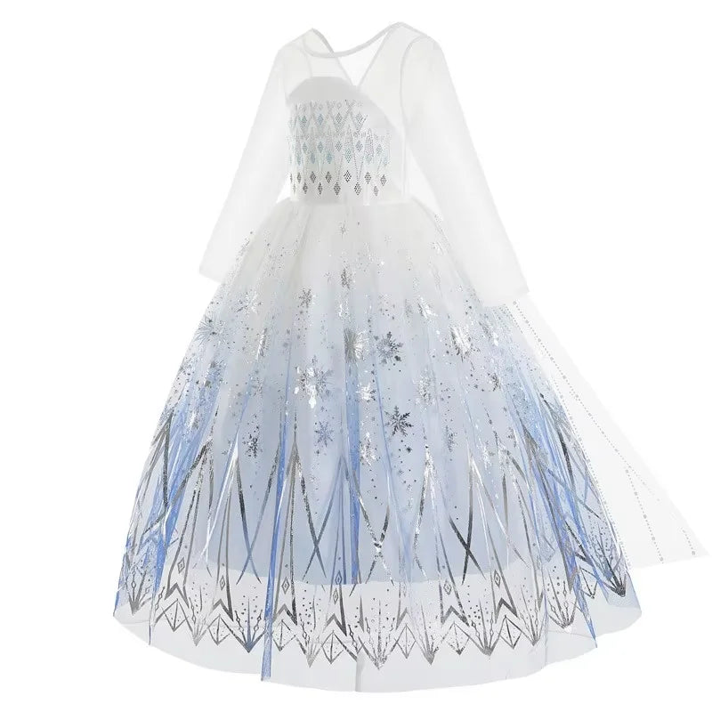 Girls white tulle princess dress with blue icicle print and long sheer sleeves