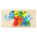 Wooden elephant-shaped 3D number puzzle with seven interlocking pieces on board