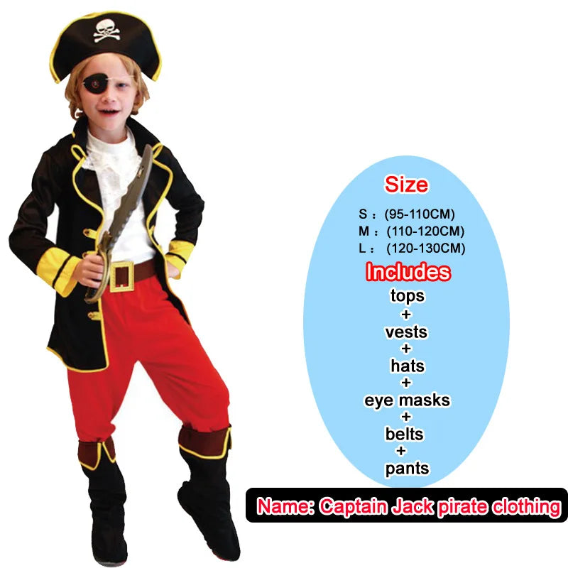 Kids pirate costume set with black jacket, red pants, tricorn hat, gold trim