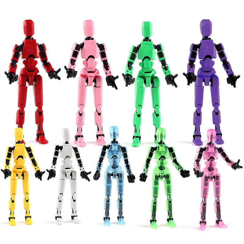 Multi-jointed robot action figures set in red, pink, green, purple, and more colors