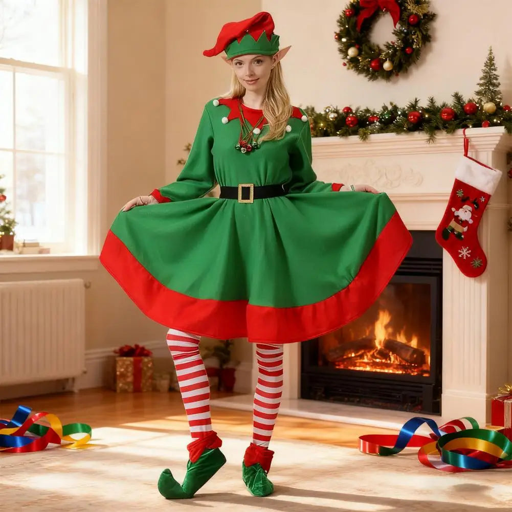 Women’s green elf dress with red hem, black belt, striped socks, green elf shoes, hat