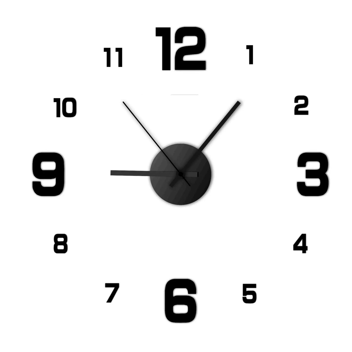 Frameless wall clock decal with black numbers and black circular clock face