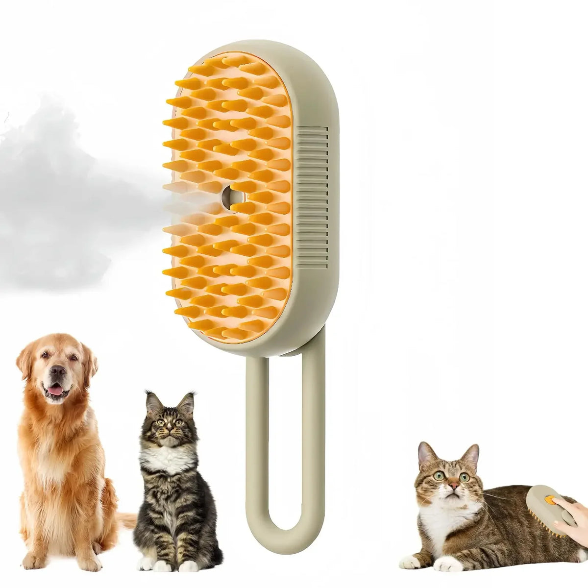 Orange pet steam brush head with beige body and visible orange bristle surface
