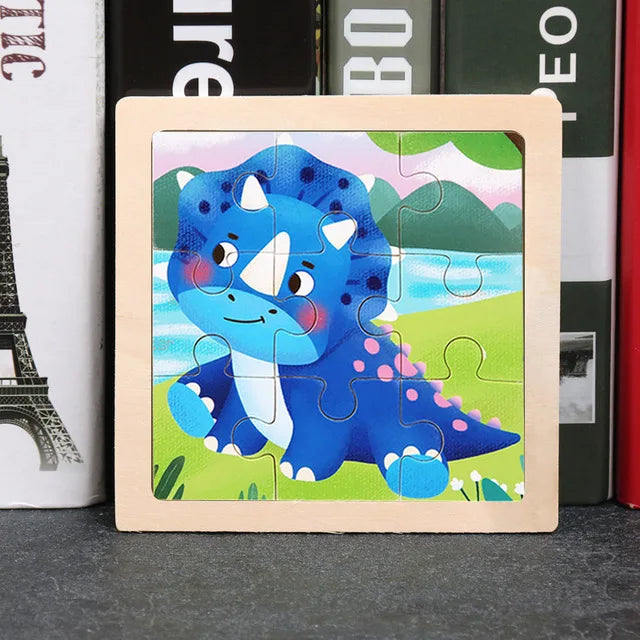 Wooden 3D tangram animal puzzle with cartoon blue dolphin and interlocking pieces