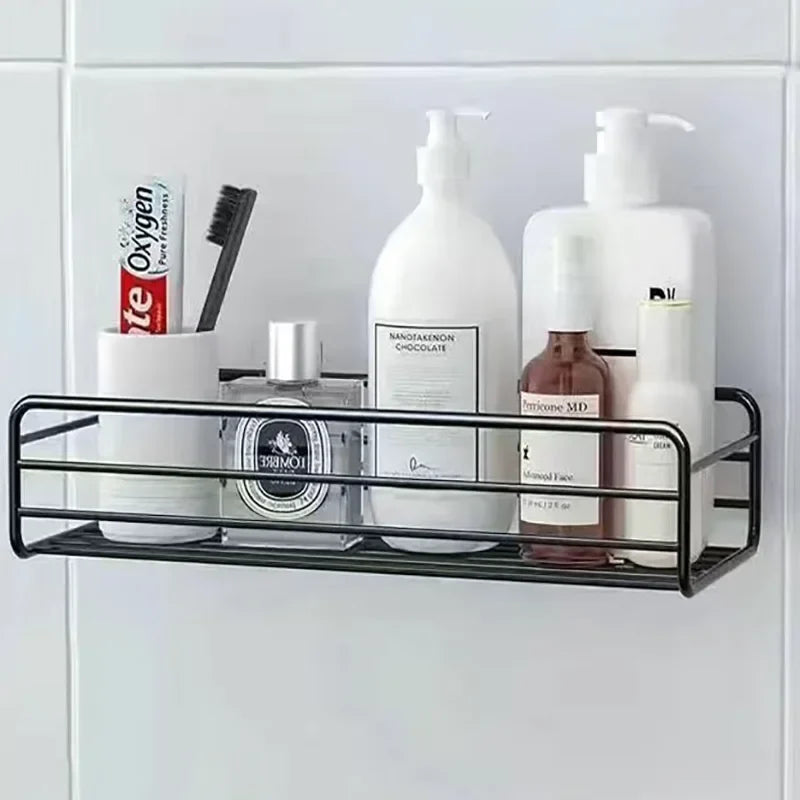 Black metal wall shelf organizer with two wire tiers for bottles