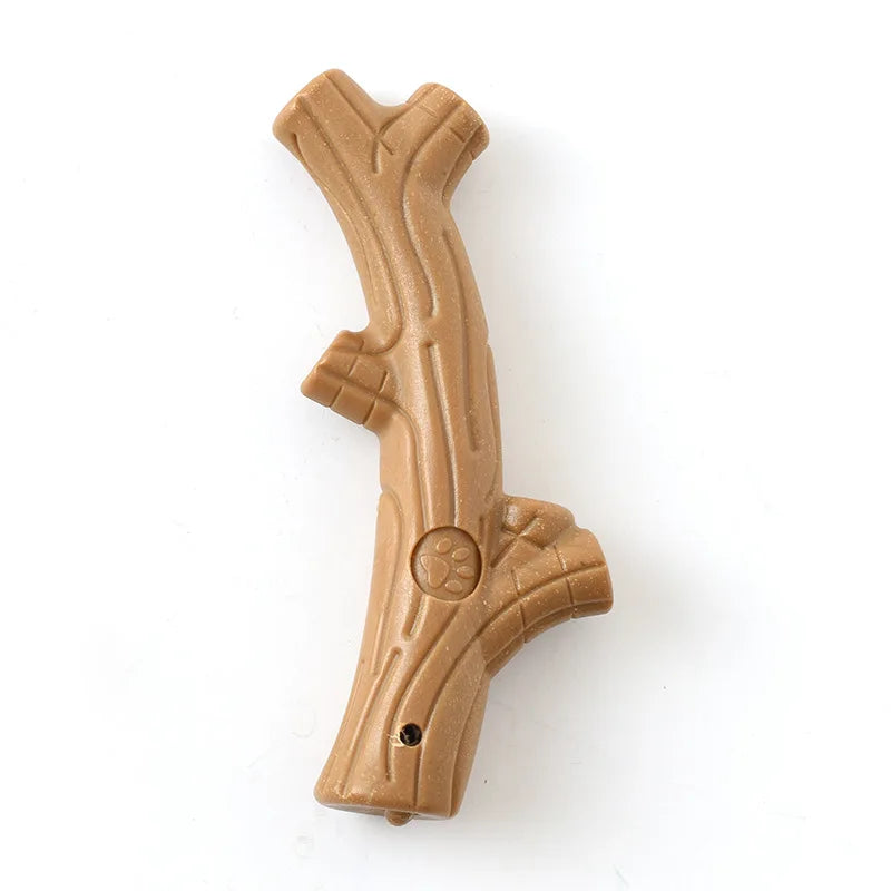 Tan branch-shaped pet teeth grinding chew toy with textured grooves and emblem