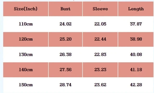 Size chart for kids vampire costume dress: bust, sleeve, and length (cm)