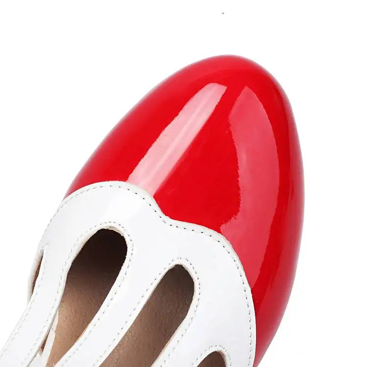 Red glossy round-toe high-heel shoe with white strap cutouts and hollow detailing