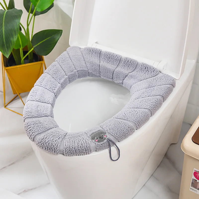 Toilet seat cover mat cushion, thick light grey with handle loop and oval cutout