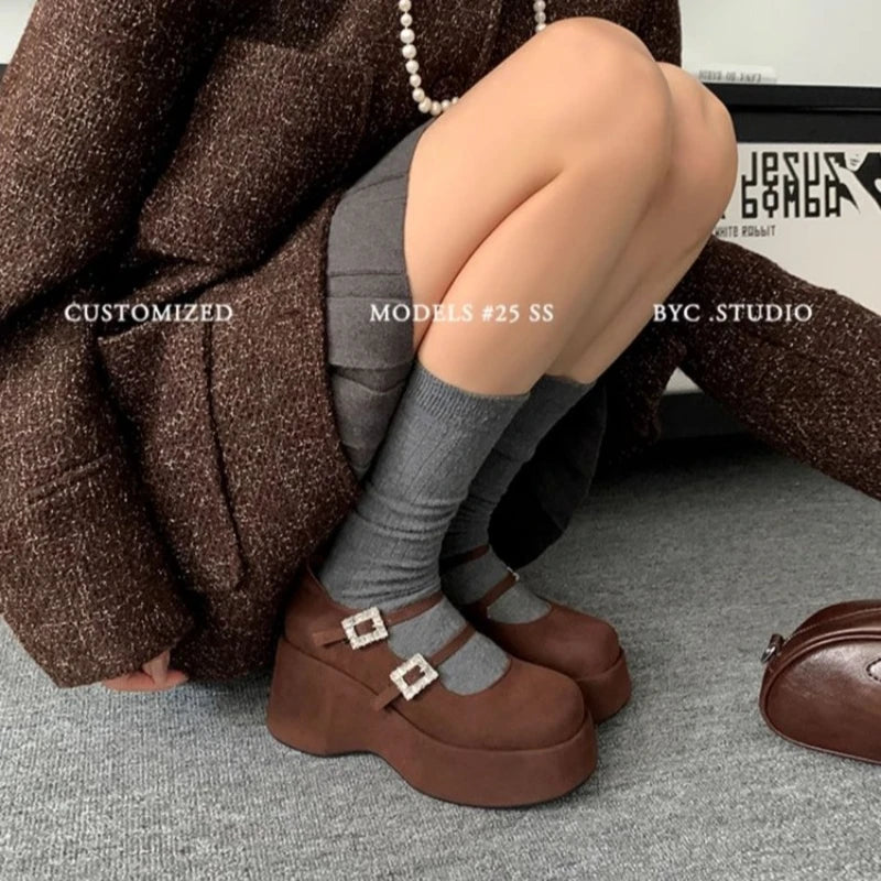 Brown suede platform Mary Jane wedge shoes with double square buckle straps