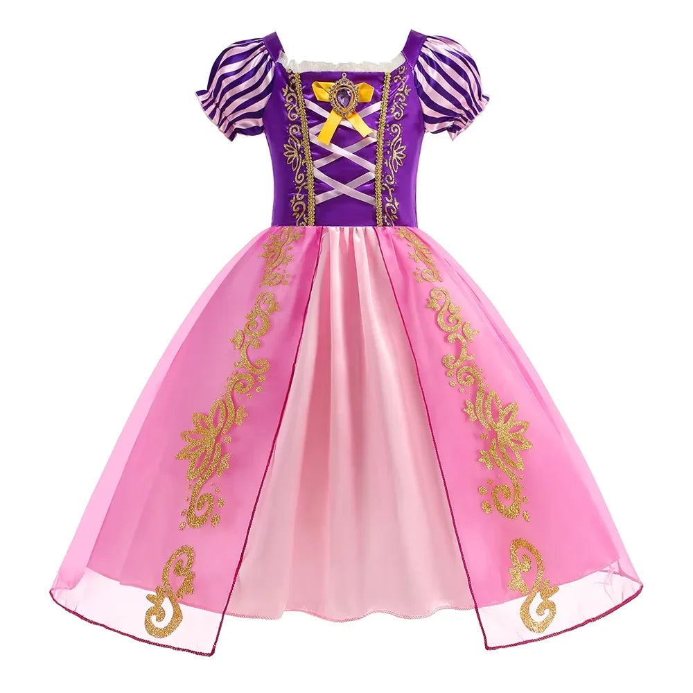 Girls pink and purple striped sleeve dress with gold lace bodice