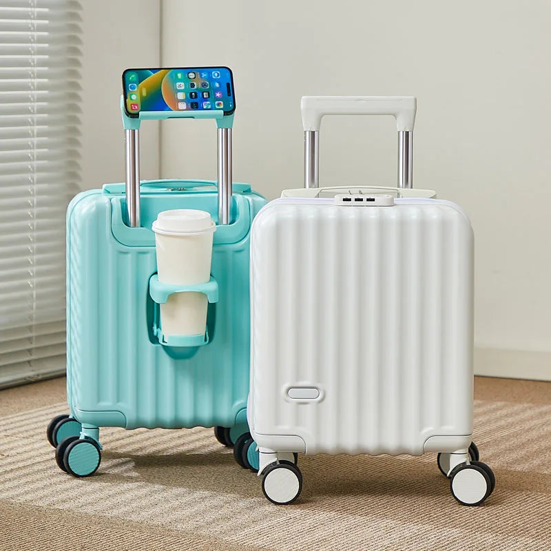 Blue and white 14-inch carry-on suitcases with phone on handle and cup holder