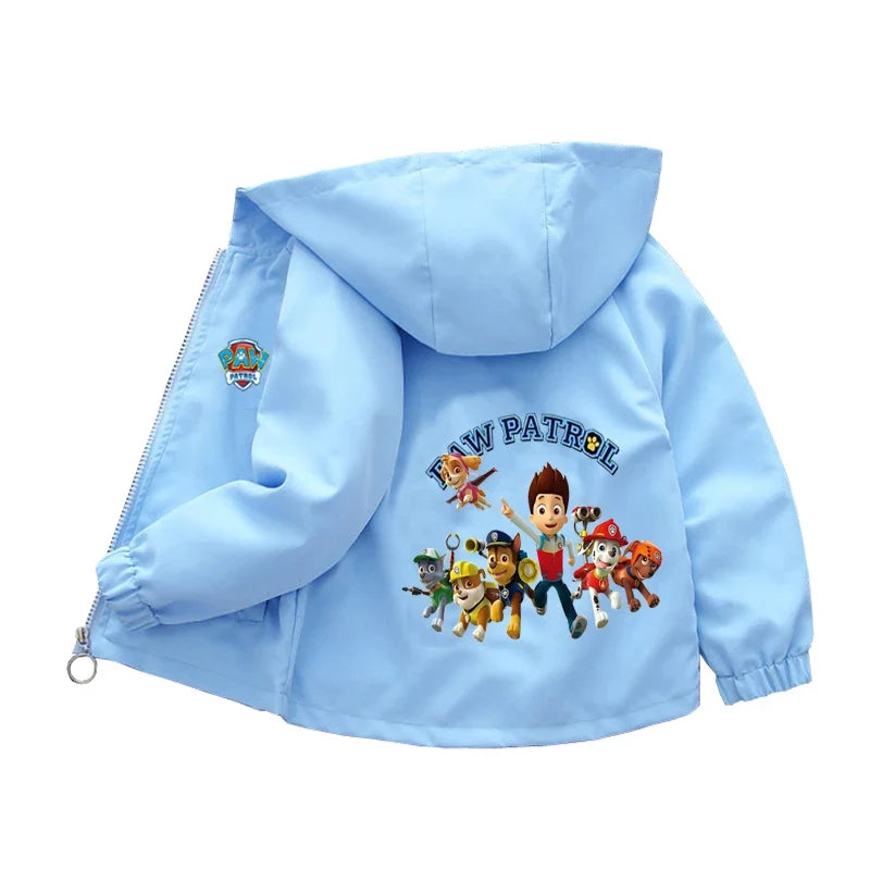 Light blue kids zip hooded windbreaker with PAW PATROL logo and character group