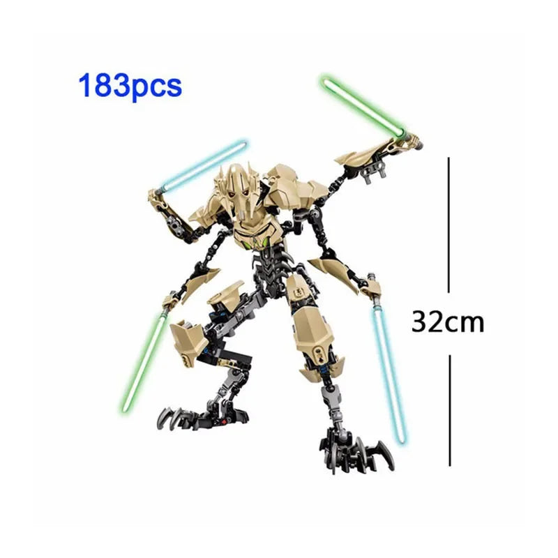 Buildable robot action figure in black and tan armor, standing with blue and green sabers