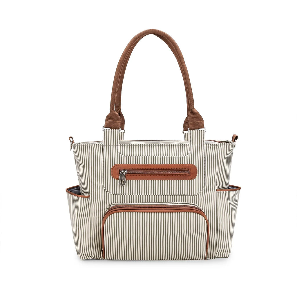 Beige striped shoulder diaper bag with brown zip panel and side storage pockets