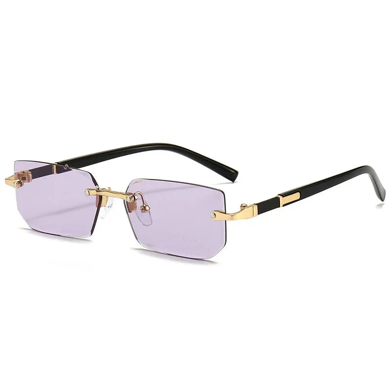 Rimless square sunglasses with light purple lenses, black arms, and gold accents.