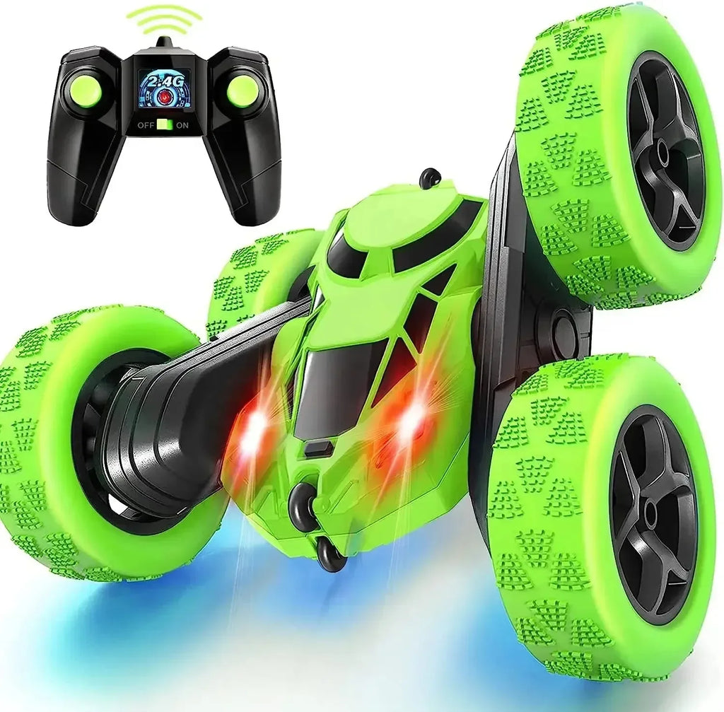 Green RC stunt car with double-sided rolling wheels and black 2.4G remote control