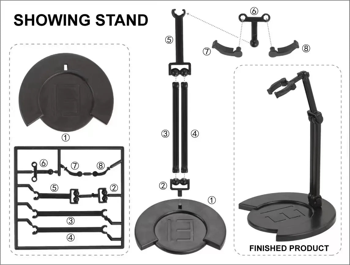Action figure display stand parts diagram with numbered pieces and finished base.