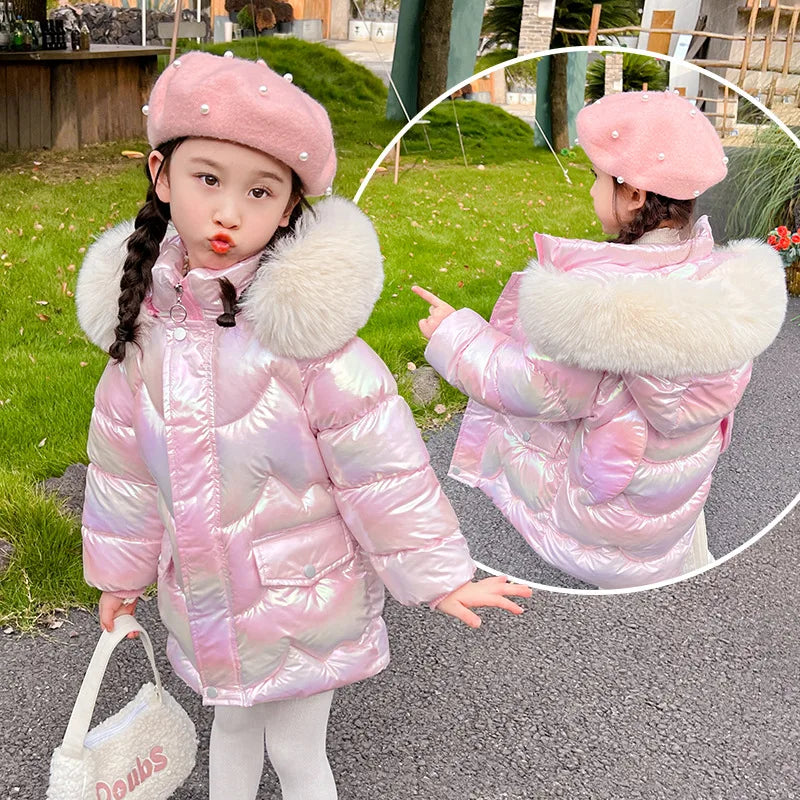 Girls hooded puffer jacket with faux fur collar and zipper, light pink shimmer color.