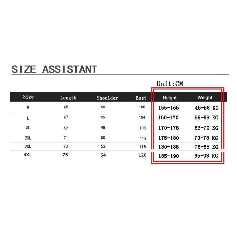 Jacket size chart showing height and weight ranges by size