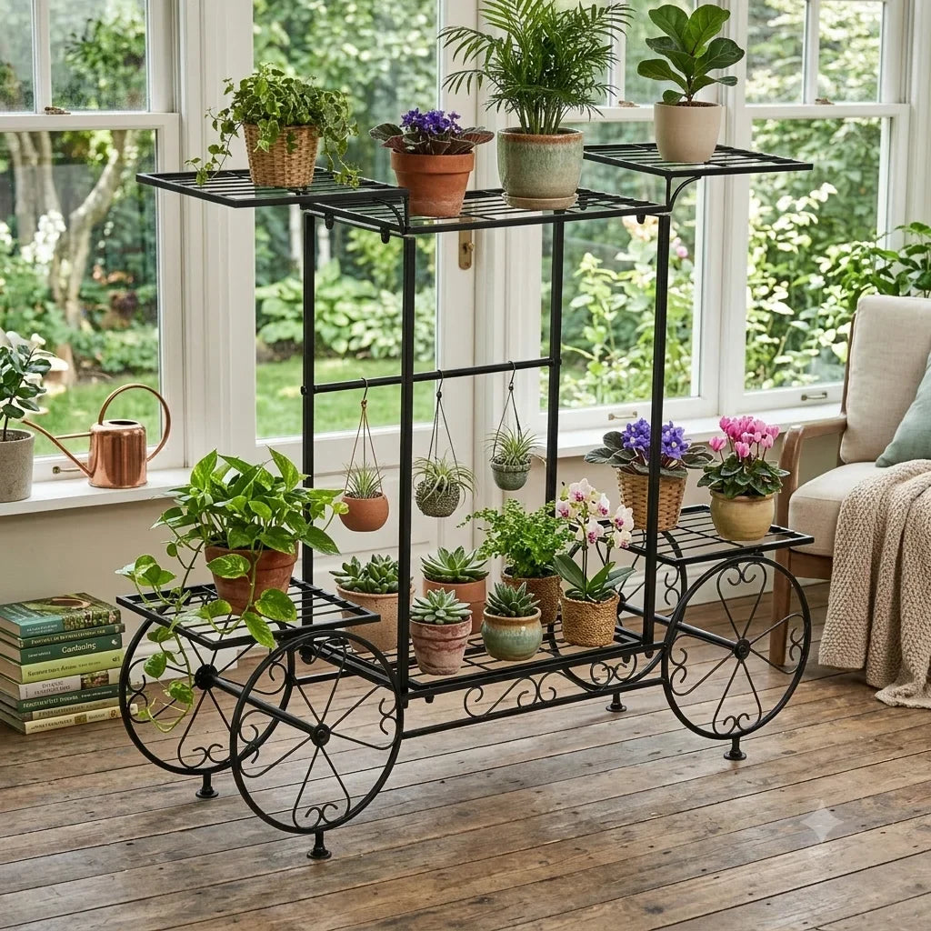 Black metal garden plant stand with rolling cart and multi-tier pot shelves