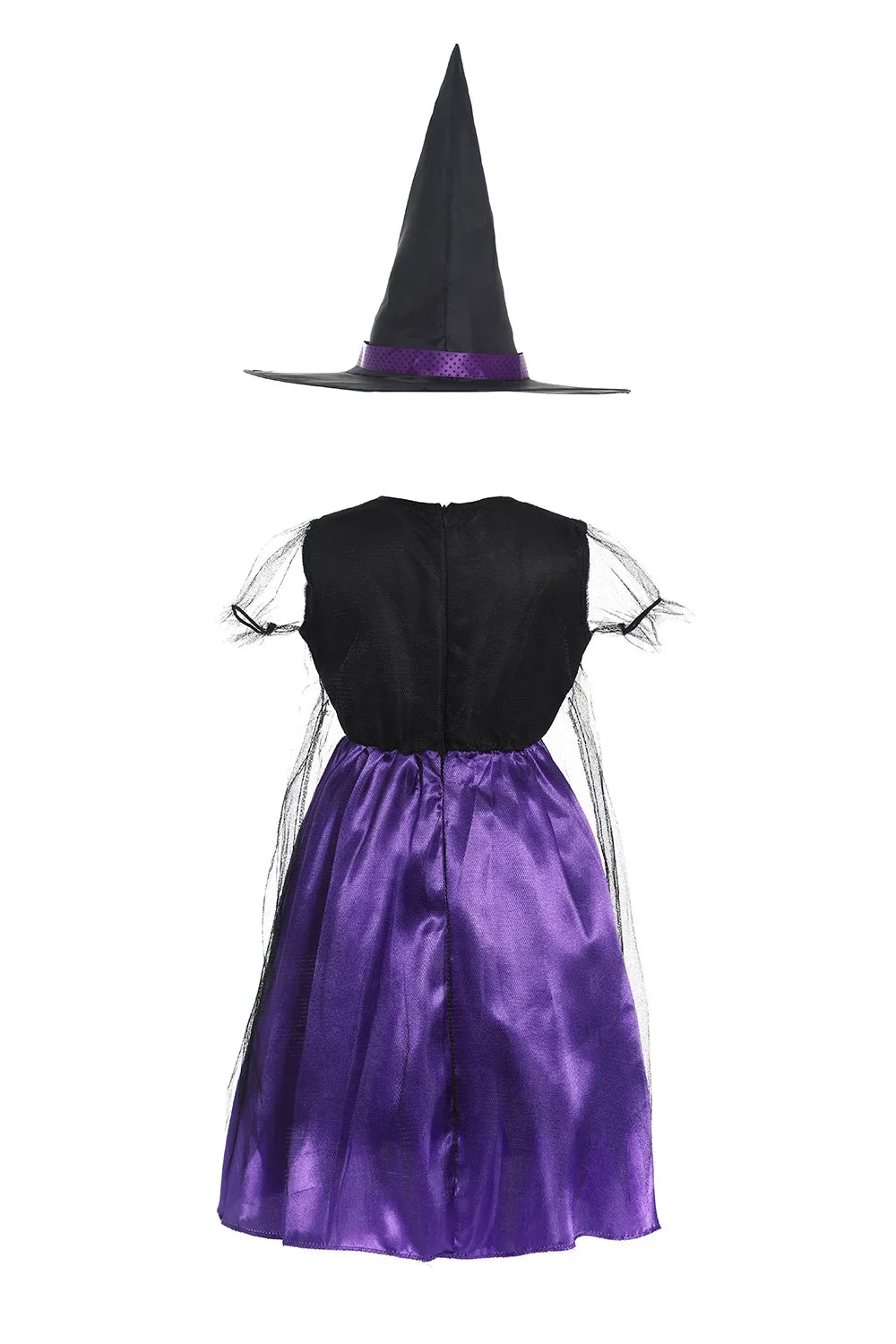 Girls purple tutu dress, black bodice with puff sleeves and satin purple skirt