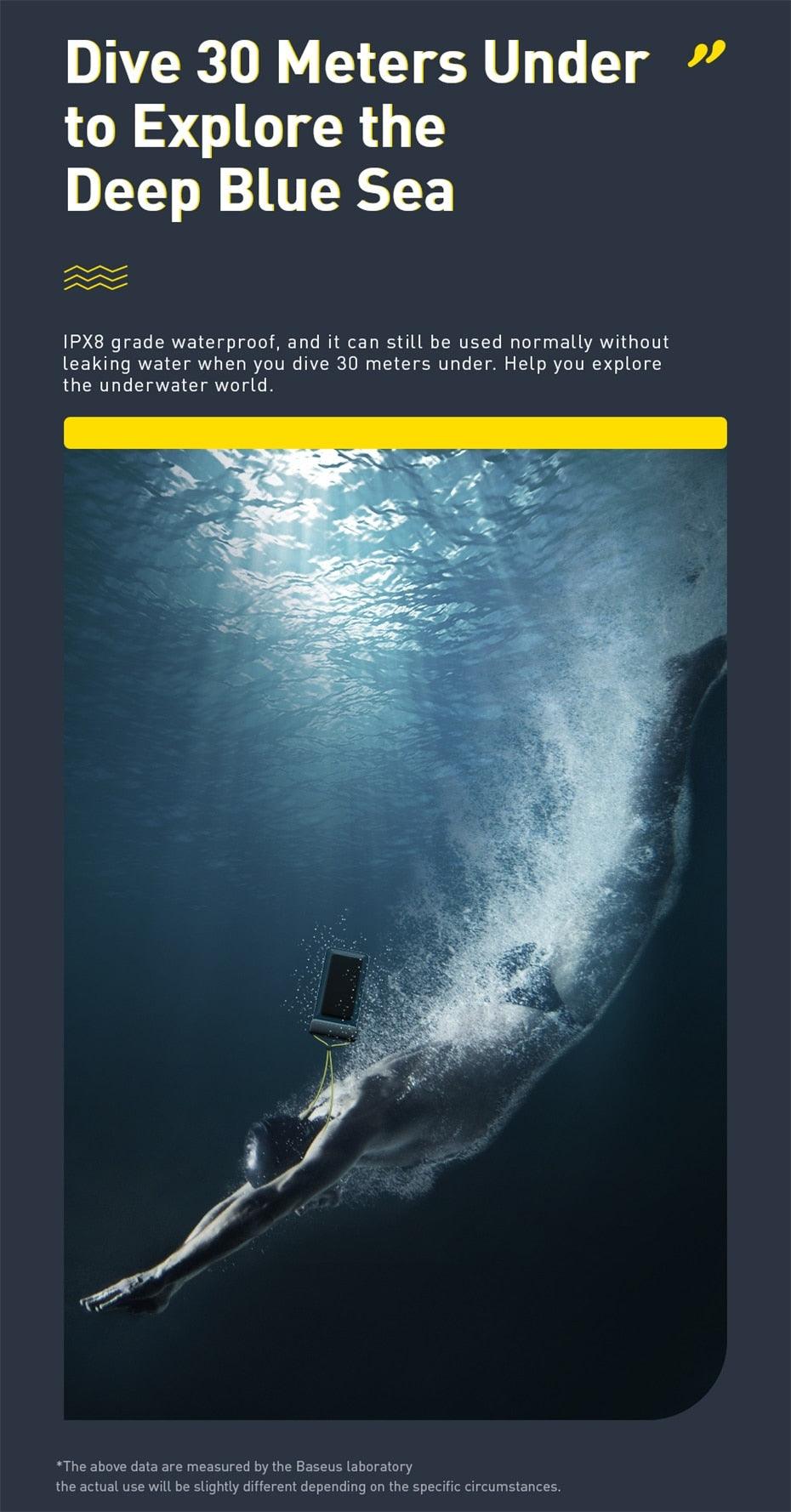 Waterproof phone pouch with diving depth claim and underwater use illustration