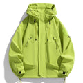 Men's fluorescent green hooded waterproof windbreaker jacket with zip front and side pockets