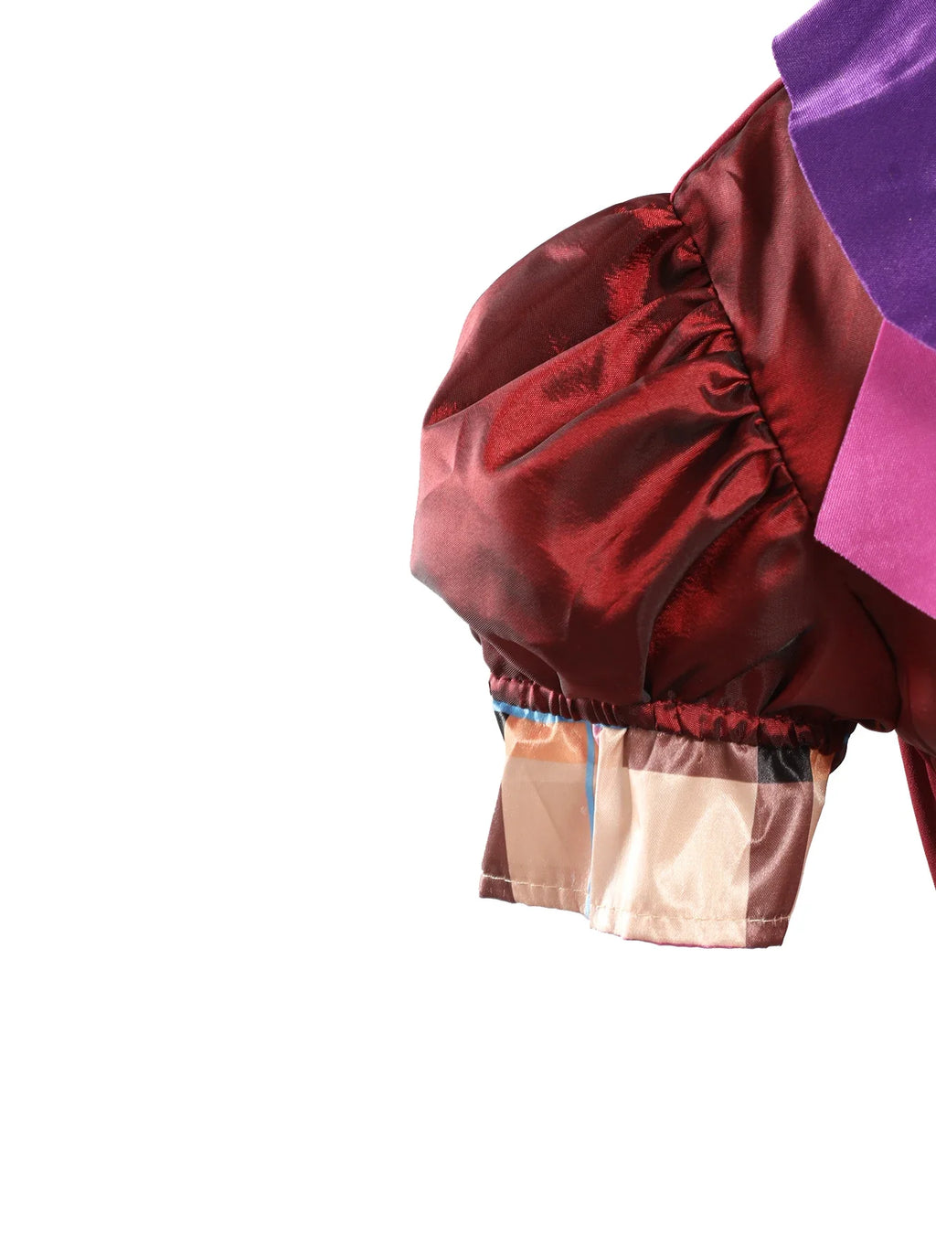 Ruffled puff sleeve detail in burgundy satin with plaid cuff for girls dress costume