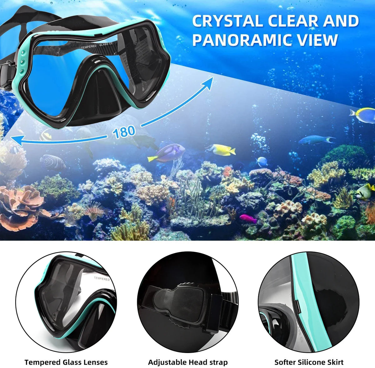 Black scuba diving goggles with turquoise frame, tempered glass lenses and wide panoramic view.