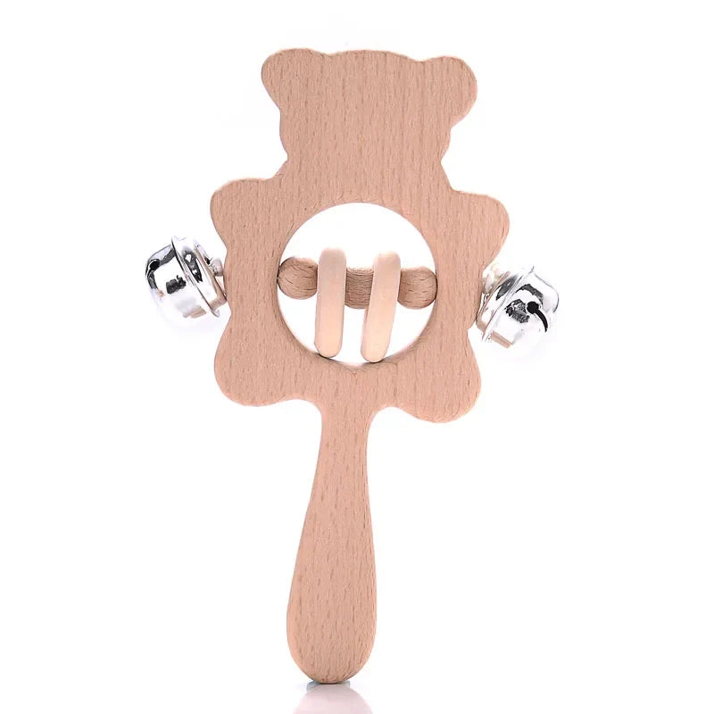 Beech wood bear-shaped ring teether with metal rattle bells and chew ring
