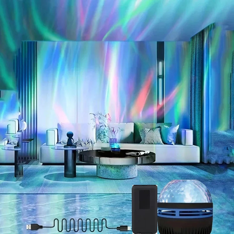 Color-changing starry sky projector with USB cord and remote control, on floor