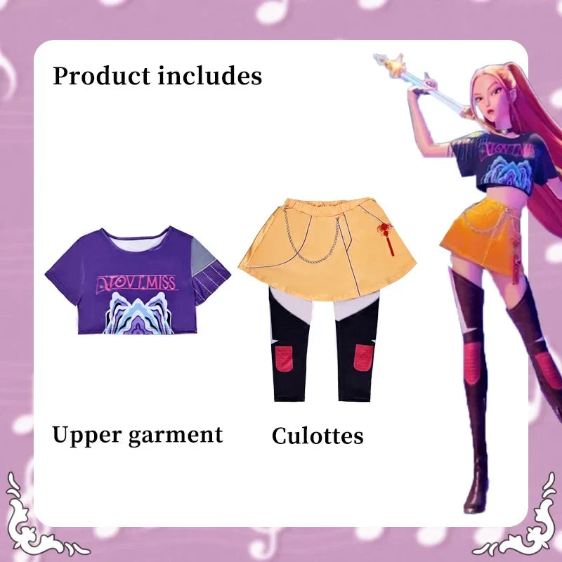 Girls Zoey Rumi Mira cosplay set: purple crop top, orange skirt, black leggings